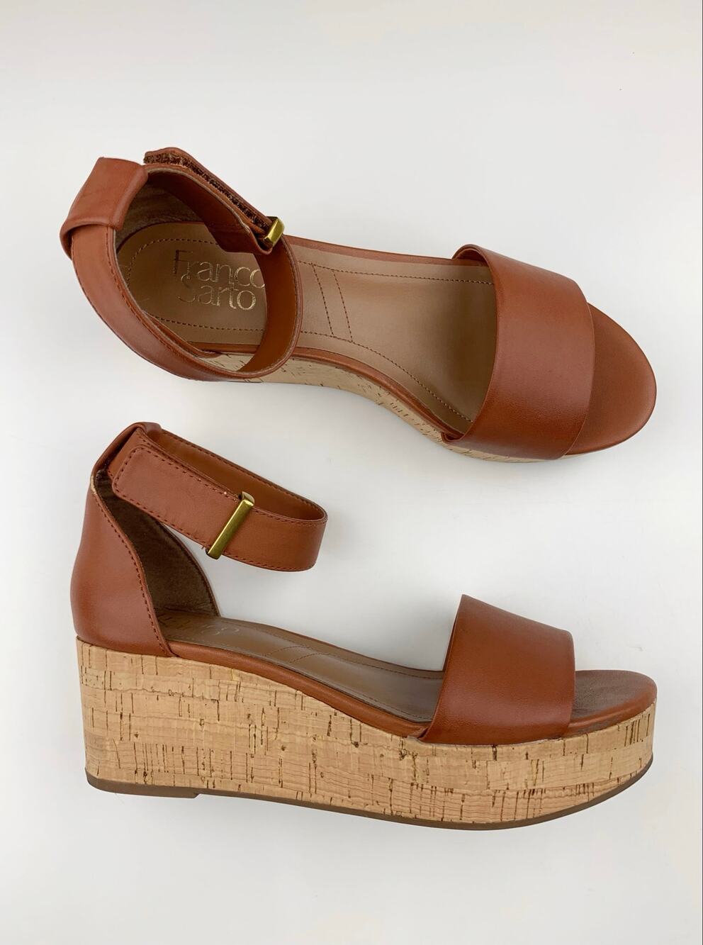 Franco Sarto Perla Platform Wedge Heel Sandals Cork Brown Faux Leather Women's 7